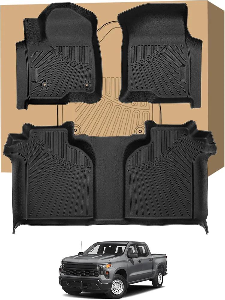 Car Floor Mats for 2019-2024 Chevrolet Silverado 1500/GMC Sierra 1500 2020-2024 Chevy Silverado/GMC Sierra 2500HD/3500HD Crew Cab Laser Cut Custom Fit TPE All Weather Truck Floor Mats Floor Liners