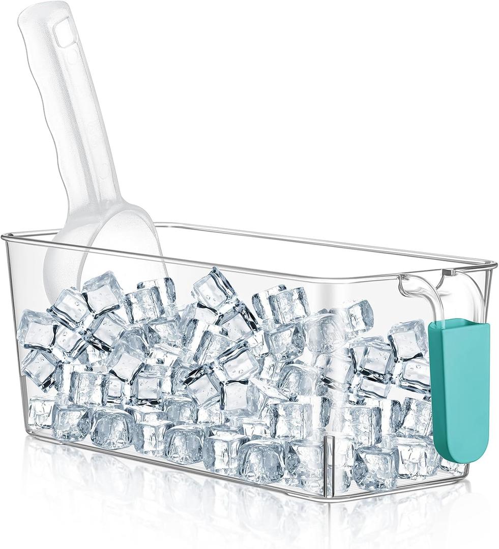 Havawish Ice Bin and Flexible Scoop Set Plastic Freezer Ice Bin with Pull out Handle Storage Bucket Clear for Container with Bucket Scoop(Blue, Clear,10.83 x 4.92 x 4.33 in,No Lid)