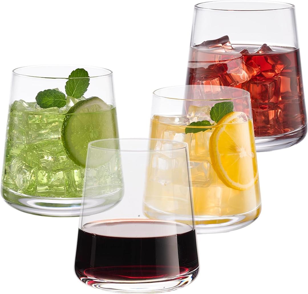 Stemless Wine Glasses Set of 4, 13.5 oz Hand-blown Whiskey Glasses for Red and White Wine, Universal Drinking Glasses for Water, Juice, Thickened Base & Dishwasher Safe, SWG-400-4