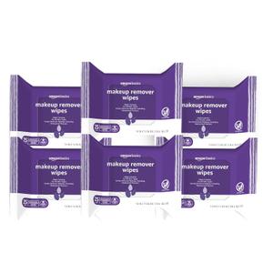 Amazon Basics Makeup Remover Wipes, Gentle Cleansing, Dermatologist Tested, Night Calming, Plant Based, Alcohol-Free, Removes Waterproof Mascara, pH Balanced, 25-Count, 6-Pack
