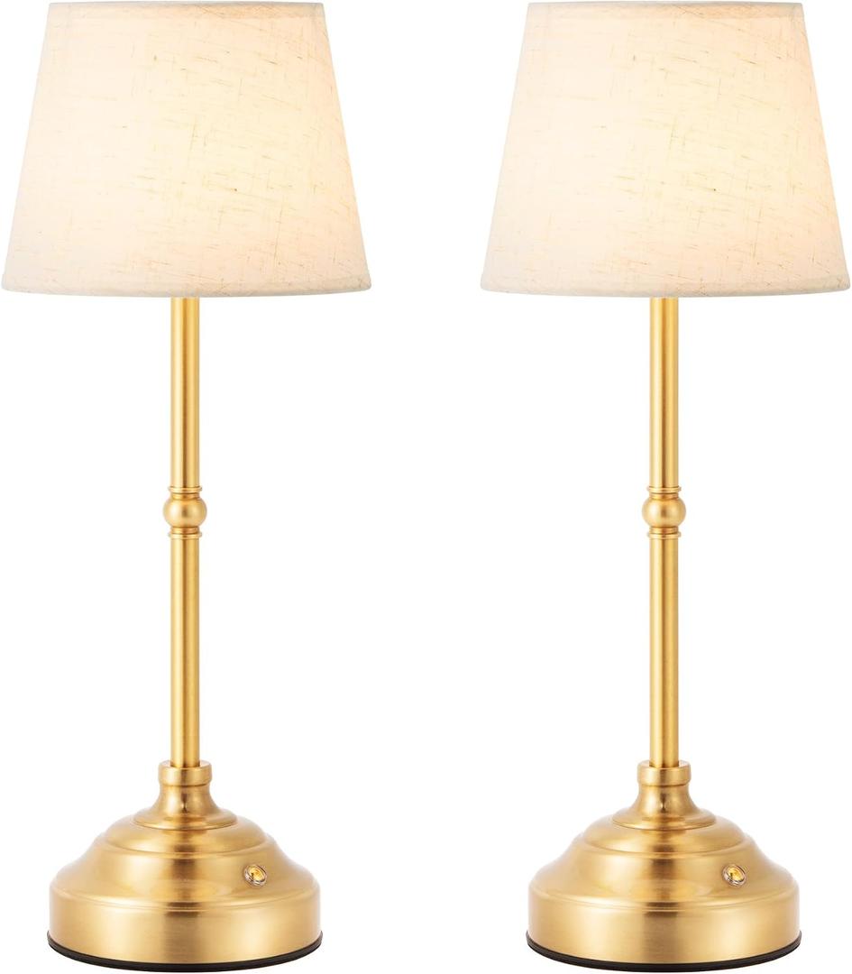 2 Pack Cordless Table Lamp, Rechargeable Desk Lamp with Fabric Shade, Battery Operated 3 Color Stepless Dimming, Small Touch Bedside Lamp Home Decor for Dining, Counter(Brushed Gold)