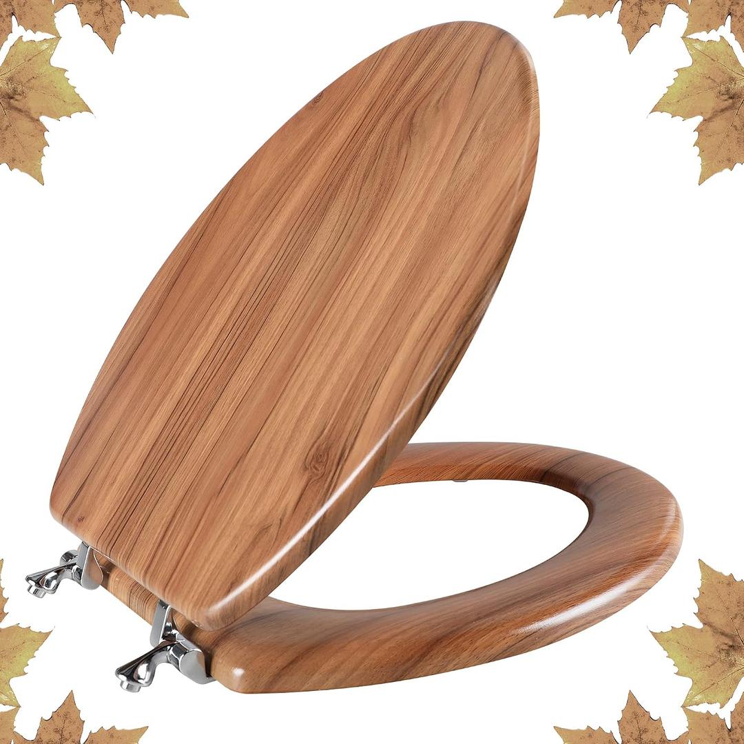 Elongated Toilet Seat Molded Wood Toilet Seat with Zinc Alloy Hinges, Easy to Install also Easy to Clean, Anti-pinch Wooden Toilet Seat by Angol Shiold (Elongated, Natural)