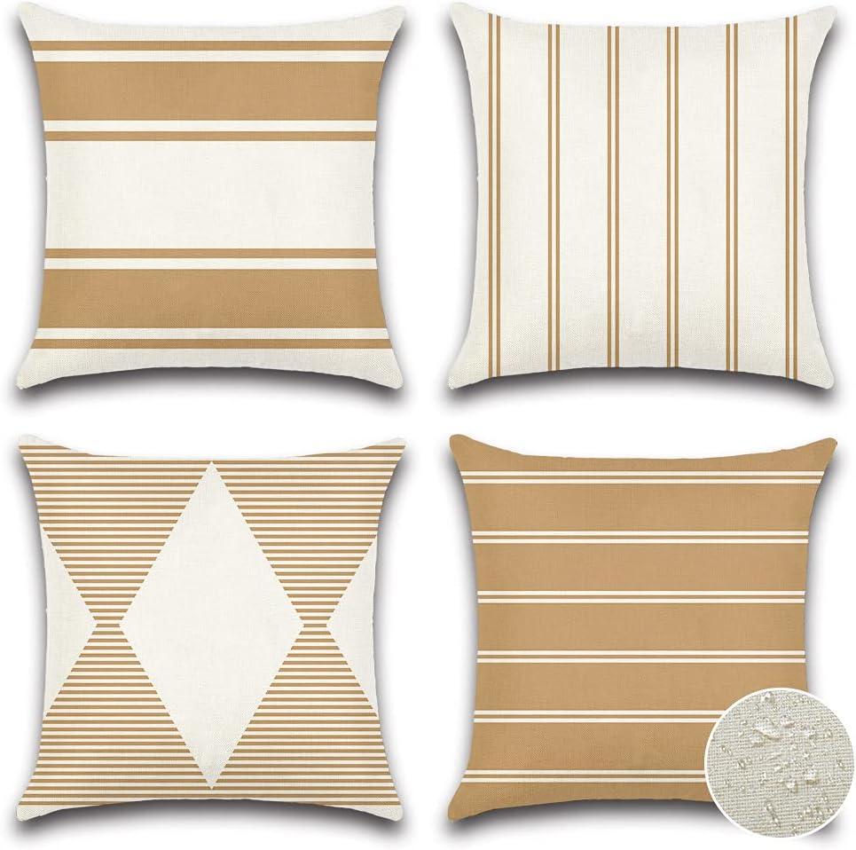 OTOSTAR Pack of 4 Waterproof Throw Pillow Covers 18x18 Inch Geometry Outdoor Decorative Pillow Case Garden Pillow Covers Square Cushion Case Pillows Shell for Patio Furniture Couch Tent (Light Coffee)