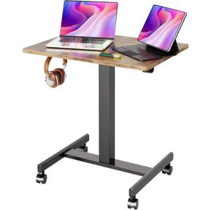 Claiks Mobile Standing Desk, Small Rolling Adjustable Desk with Wheels, Pneumatic Mobile Laptop Desks Workstation with Hook, Rustic Brown