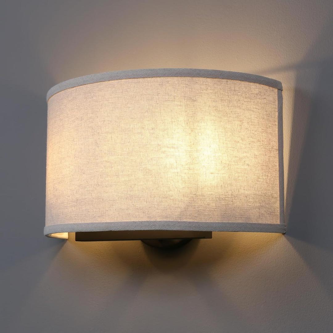 Yosoan Linen Wall Sconce Indoor Fabric Bedside Light Fixture, 2-Light Dual Vintage Industrial Hardwired Half Moon Wall Lighting Semicircle Textile Shade for Bedroom Living Room Corridor Study