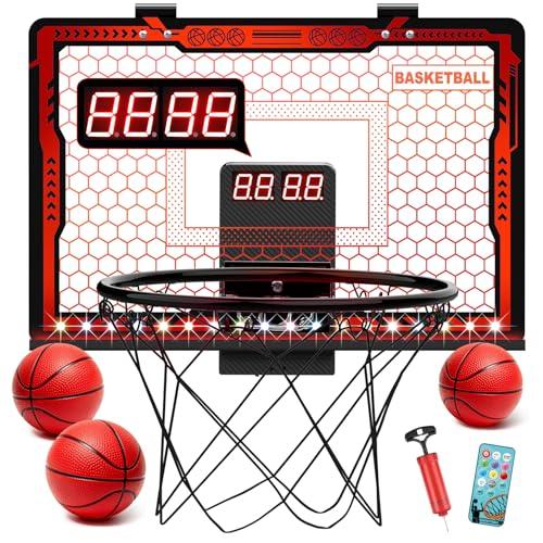 Indoor Basketball Hoop for Kids with Remote Control Mini Basketball Hoop with Scoreboard and Timeboard Over The Door Basketball Hoops with Led Lights Basketball Toys Gifts for 4-12 Year Old Boys Girls
