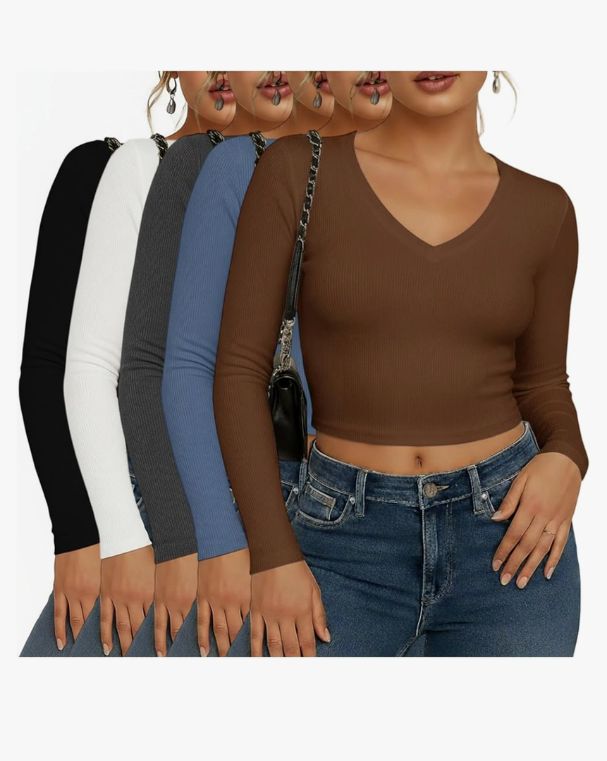 5 Pack Womens Long Sleeve Shirts V Neck Ribbed Slim Fitted Basic Crop Tops Fall Fashion 2025 Going Out Y2k Tops M