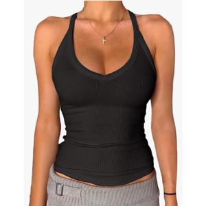 Danysu V Neck Racer Back Tank Top for Women Padded Ribbed Long Tank Fitted Basic Cami Tops, M