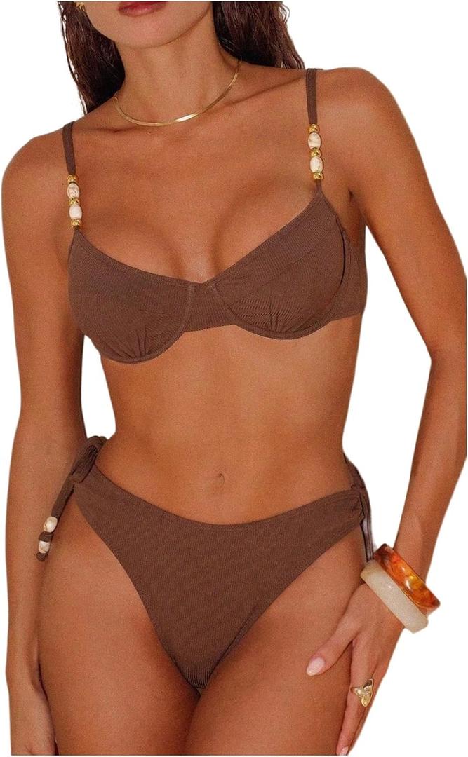 SHENHE Women's Underwire Swimsuits 2 Piece Swimsuits Side Tie Beaded Padded Bathing Suits (Brown, XL)