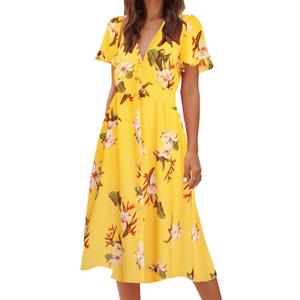 ROYLAMP Women's Floral Button Up Split Dress Deep V Short Bell Sleeve Casual Midi Dress with Pockets (Large)