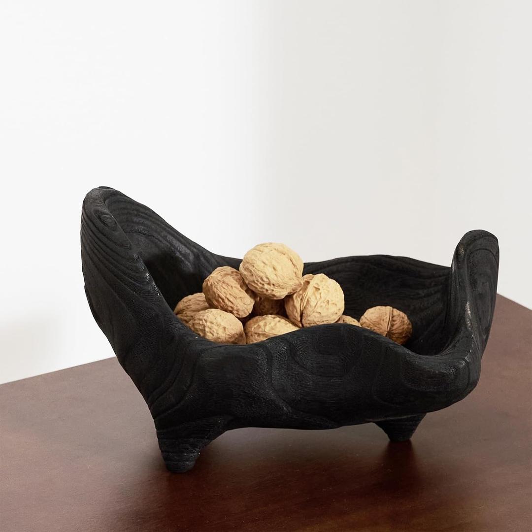 DN DECONATION Oak Wood Black Decorative Bowl-9.25x5.51 Inch Small Bowl for Entryway Key, Fruit, Candy with feet, Boho Farmhouse Home Decor for Dining Room, Coffee Table Centerpiece