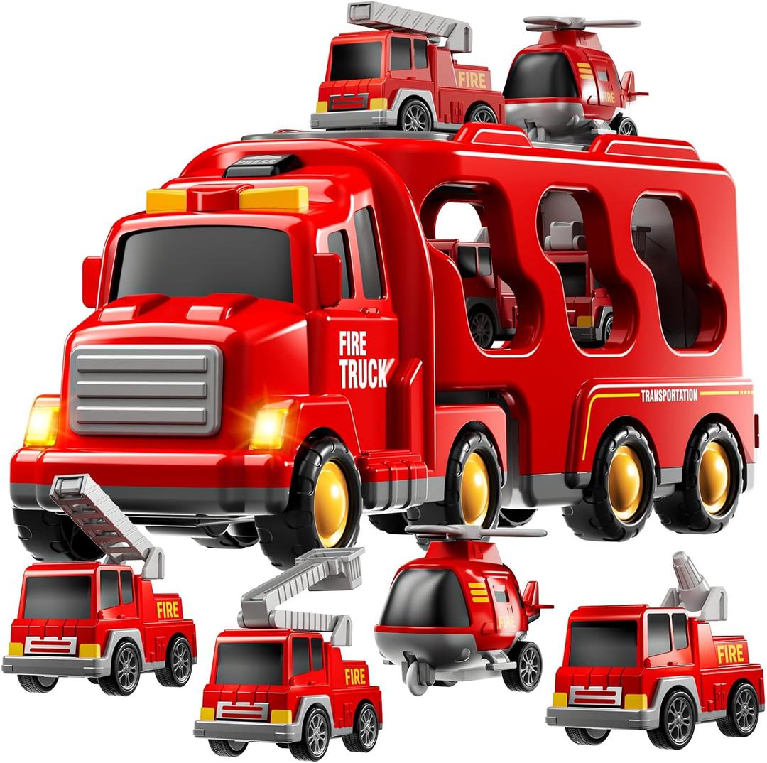 KIZONLY Fire Truck Toys for Toddler 1-3 3-5, 5-in-1 Fire Car Carrier Vehicle Set for Girls 1 2 3 4 5 6 Years Old, Transport Car with Light Sound, Birthdays Gifts for Kids Girls Aged 3-9