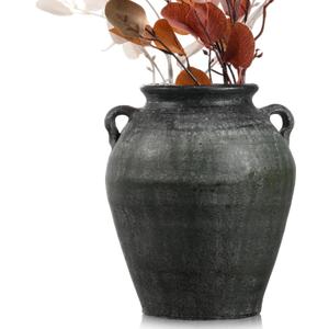 Large Ceramic Vase with 2 Handles 11 Inch Tall Terracotta Rustic Vintage Vase Decorative Pottery Flower for Home Table Countertop Shelf Living Room Decor(Black)