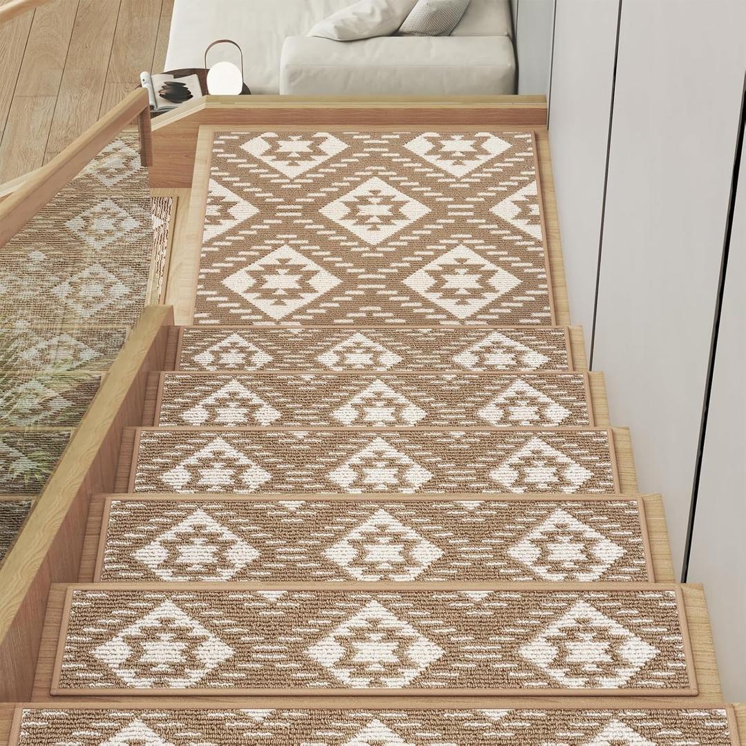 YDKGL 15PC Stair Treads Non-Slip Washable Peel and Stick Stair Treads for Wooden Steps Indoor Reusable Stair Carpet Treads Adhesive Stair-Runner Rugs for Kids and Dogs Elder8"x30"Brown
