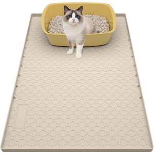 Large Cat Litter Mat 34"x22", Cat Litter Trapping Mat For Litter Box, Silicone Pet Feeding Mat With Raised Edges Waterproof, Beige