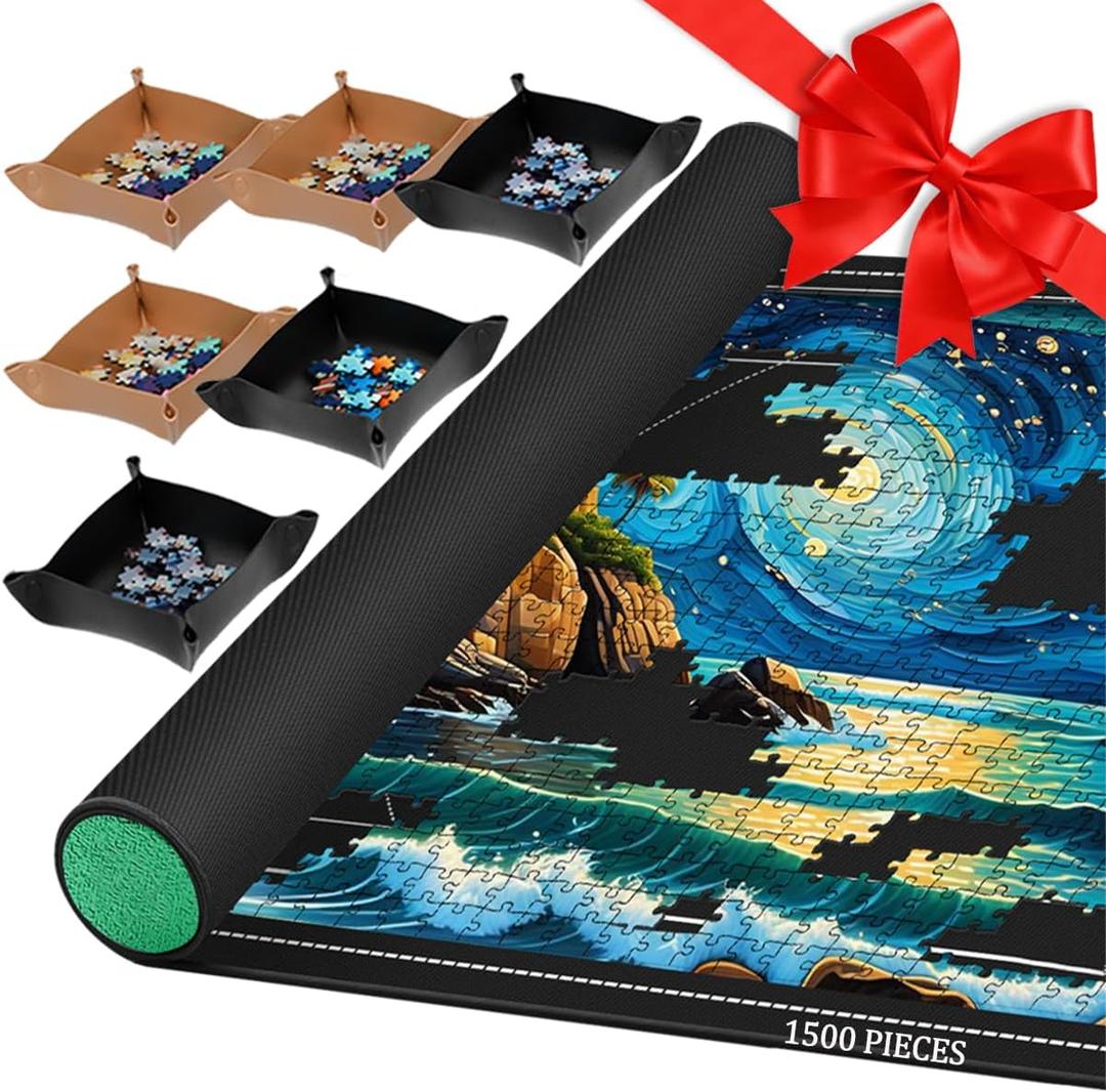 Pohxev Jigsaw Puzzle Mat Roll Up, Portable Saver Pad 43 x 26 Up to 1500 Pieces, Puzzles Matt Rollup with Non-Slip Rubber Bottom & Smooth Top. (6 Puzzle Sorting Trays & 1 Storage Bag) (Black)