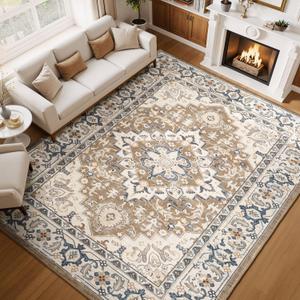 Lessymo Washable Area Rugs 6 x 9, Boho Area Rug Low Pile for Bedroom Living Room Kitchen, Ultra-Soft Faux Wool Vintage Area Rug with Non-Slip Rubber, Kid & Pet Friendly, Brown Beige