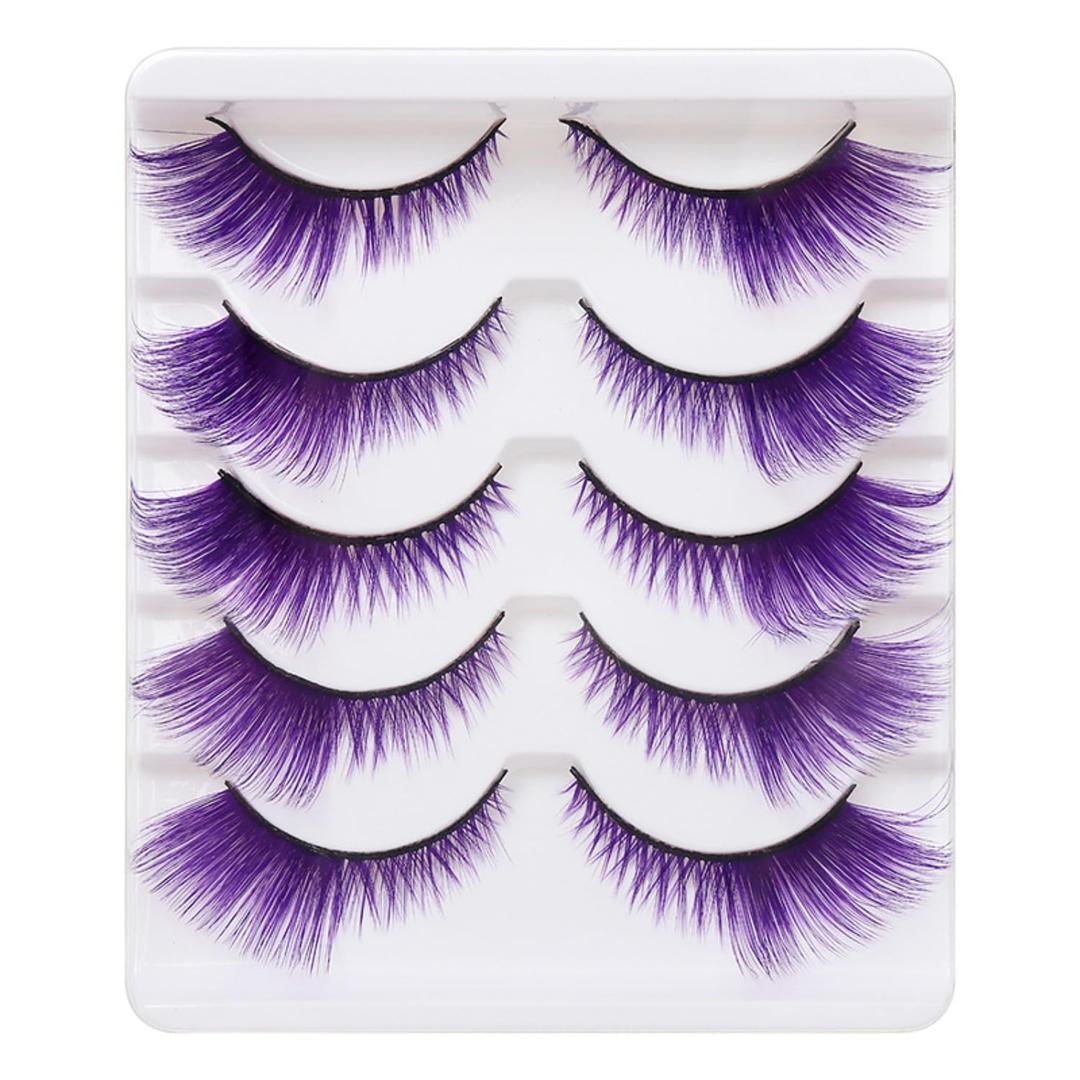 False Lashes Natural Lashes 5 Pairs Cat Eye Fluffy False Eyelashes for Halloween, Cosplay, Party, Stage Makeup (Purple)