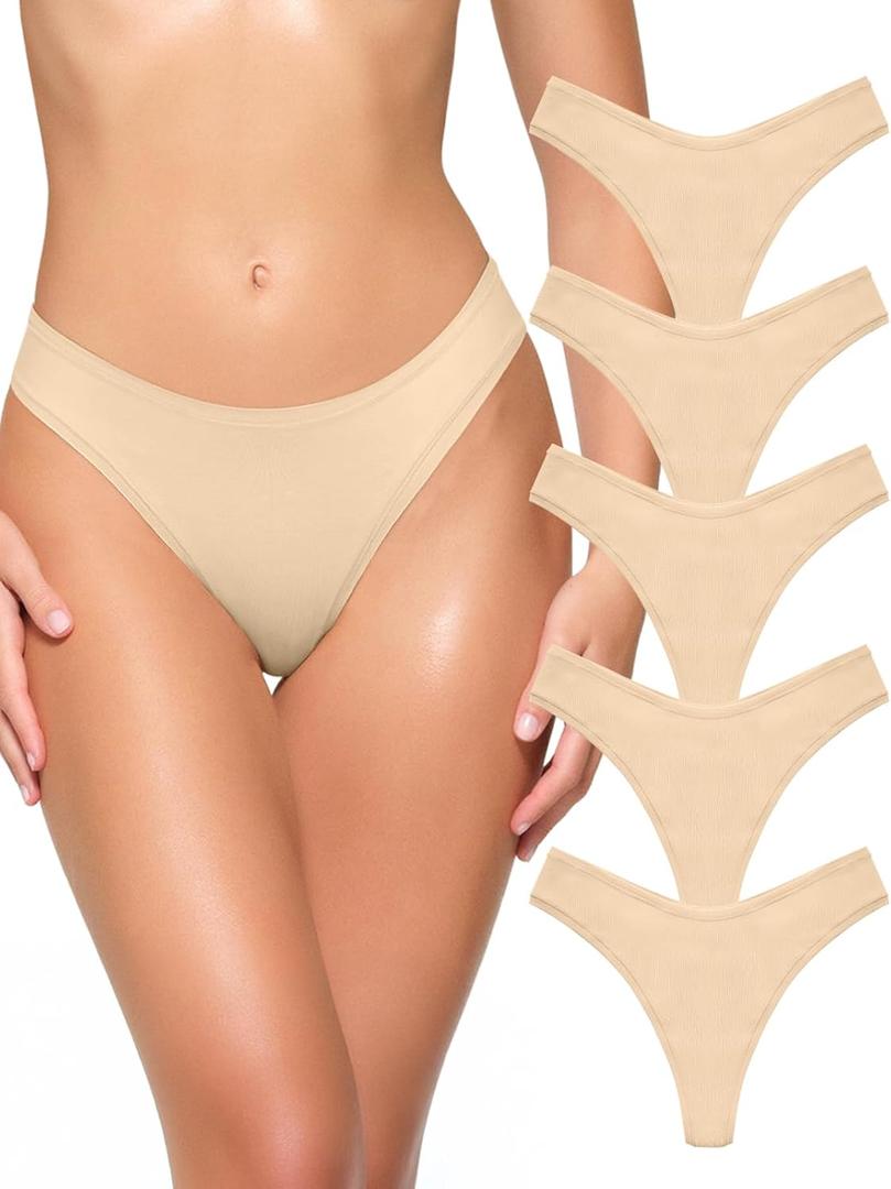 REORIA Womens Cotton Seamless Thongs Panties for Women No Show Breathable Underwear 5 Pack (X-Large)