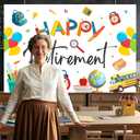 Teacher Retirement Party Decoration Happy Retirement Backdrop Banner 75ft Colorful Pen School Background Prop for Woman Man Teacher Party Decoration