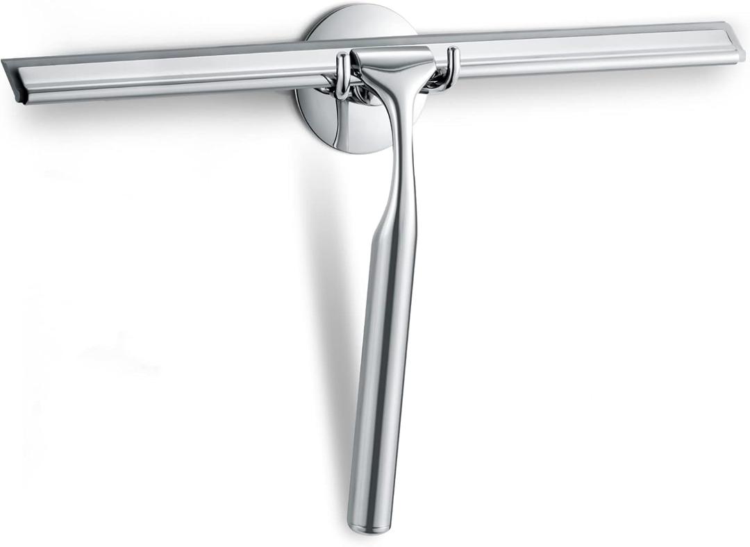 Shower Squeegee for Glass Doors, 12" Stainless Steel Squeegees for Shower Doors, Bathroom, Window and Car Glass, All-Purpose Cleaning Squeegee with Matching Hooks Holder, 1 Replacement Squeegee Blade (12-Inch, Silver)