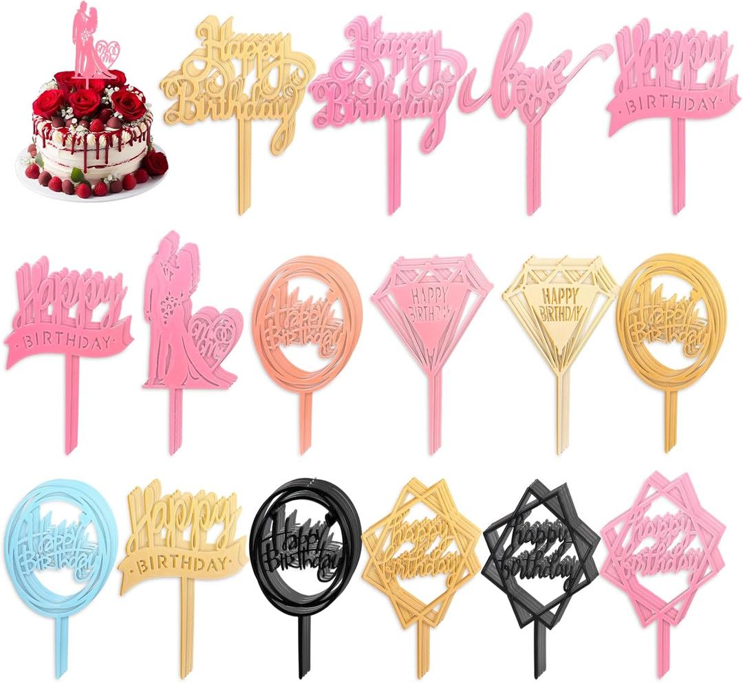 180 PCS Happy Birthday Cake Toppers, Glitter Cake Decorations Acrylic Birthday Toppers Multi-colored Cakes Sign for Adult Party Supplies Desserts Decor Photo Props
