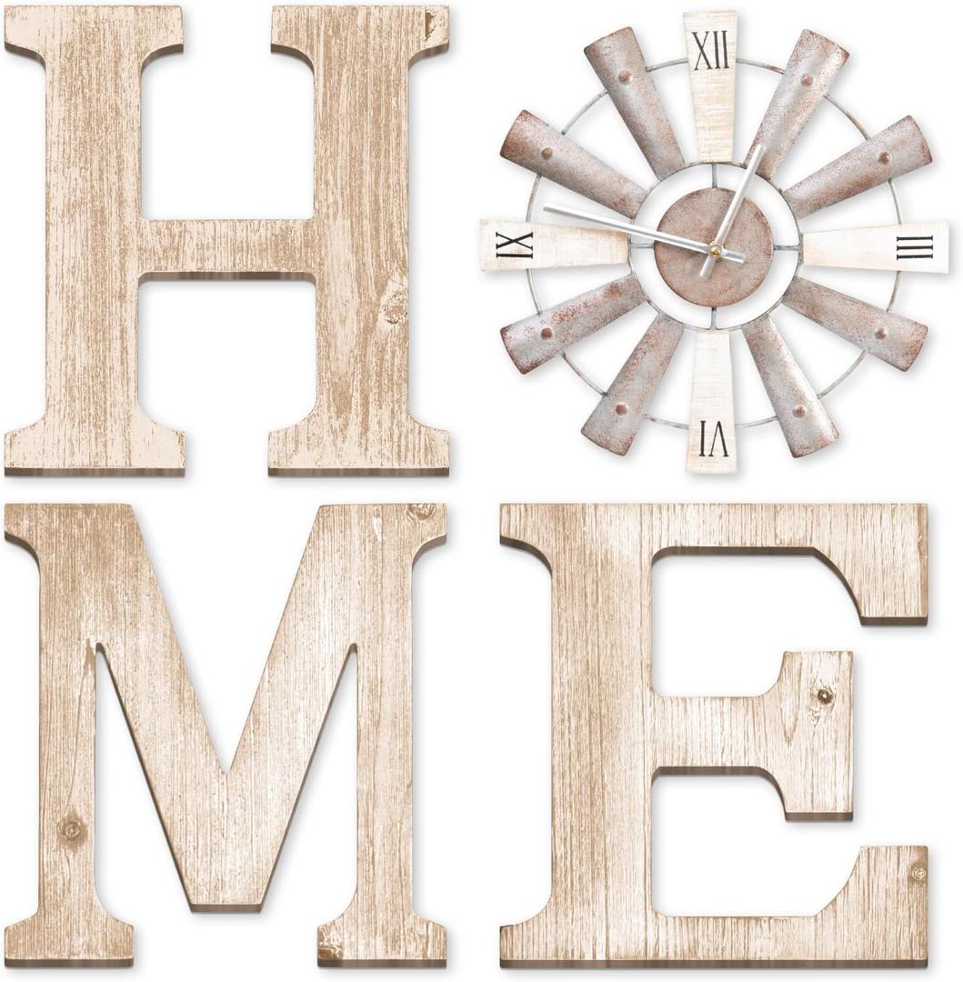 Farmhouse Home Signs with Windmill Clock Wall Decor Rustic Home Letters Wall Art for Living Room Kitchen Entryway Dining Room Bedroom (water-white)