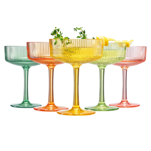 Shatterproof Acrylic Ribbed Vintage Art Deco Martini, Champagne & Cocktail Bright Pastels Color Plastic Tritan Coupe Glasses | Set of 5 | 8 oz Ripple Classic Cocktail Indoor & Outdoor, European Style