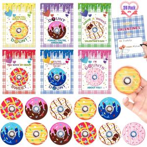 Valentines Day Cards for Kids School Classroom Exchange, 24 Pack Valentines Cards with Donut Fidget Spinner Toys Bulk, Boys Girls Valentines Cards Gifts for Classroom School Favors Prizes