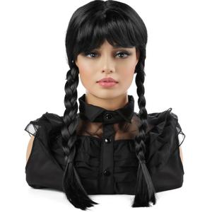 Long Black Braided Wig with Bang for Kids Girls Gothic Party Cosplay Hair for Halloween Costume Dress-up