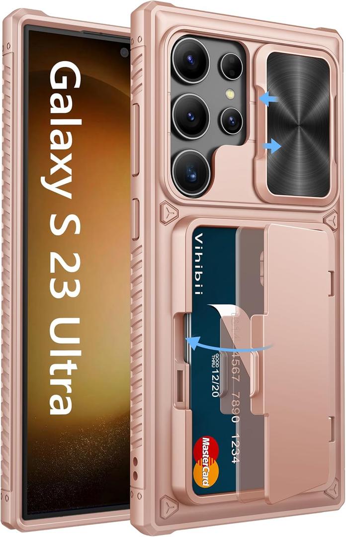 Vihibii for Samsung Galaxy S23 Ultra Case with Card Holder (4 Cards), Slide Camera Cover & Stand, Raised Edges Protect Screen & Military Grade Drop Protection Case for Galaxy S23 Ultra 5G 6.8", Gold