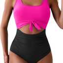 Eomenie Women's One Piece Swimsuit Tummy Control Slimming Bathing Suit Cutout Tie Knot Swimwear (Medium, Hot Pink, Black)