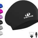 Womens Silicone Swim Cap for Long Hair,3D Ergonomic Design Silicone Swimming Caps for Women Kids Men Adults Boys Girls with Ear Plug and Nose Clip (Large, black)