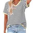 KISSMODA Womens Casual Tops Summer Short Sleeve T Shirt Striped Color Block Pullover Blouses, Size XL