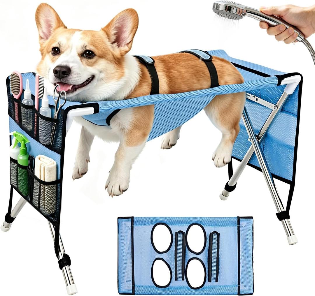 Dog Bath Hammock with Stand, Foldable Pet Grooming Sling for Dogs and Cats