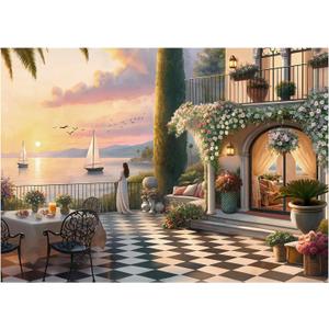 Puzzles for Adults 1000 Pieces, Rocorose Sunset Courtyard Puzzle Sea Landscape Challenging Family Puzzles for Gift Game Night Fun Activity Christmas Home Decor