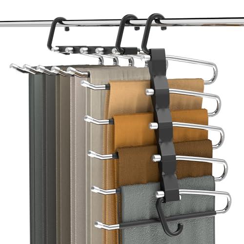 Pants Hangers Space Saving - 2 Pack Closet Organizer and Storage Jean Hangers, Stainless Steel Anti-Slip Clothes Hanger Scarf Holder for Pants Jeans Leggings Trousers Pant Rack, Black