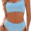 Blooming Jelly Womens High Waisted Bikini Set Tie Strap Jacquard Terry Cloth 2 Piece Swimsuit Modest Cute Retro Bathing Suit (Large, Sky Blue)