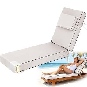 Vulacko Chaise Lounge Cushions Outdoor 80x26x6 Inch, Fade Resistant 6'' Thicken Outdoor Lounge Chair Cushion with Headrest, Water-Resistant Patio Lounger Pad with Straps, Cream and Black Piping