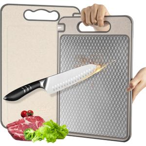 Double-Sided 304 Stainless Steel & Wheat Straw Cutting Board (14.4" x 9.8") – Reversible Chopping Board with Knife Sharpener, Garlic Grater & Juice Groove, Dishwasher Safe, Scratch Resistant