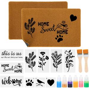 2 Pack DIY Coir Doormat Painting Kit, 23" x 16" Blank Coconut Fiber Front Door Mats with Acrylic Paint, Brushes & Stencils, Non-Slip Personalized Entry Rugs for Indoor Outdoor Craft Gifts