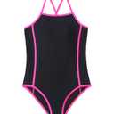YOURUIKEY Girls One Piece Swimsuits Athletic Back Cutout Teen Bathing Suit Quick Dry Girls' Swimwear for 7-8 Size Black-hot Pink