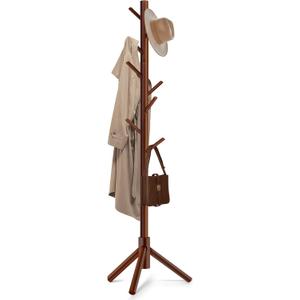 Wooden Coat Rack Freestanding with 8 Hooks & 3 Adjustable Sizes for Clothes, Space-Saving Design for Bedroom Office Entrance Holds Hats Coats Scarves Bags