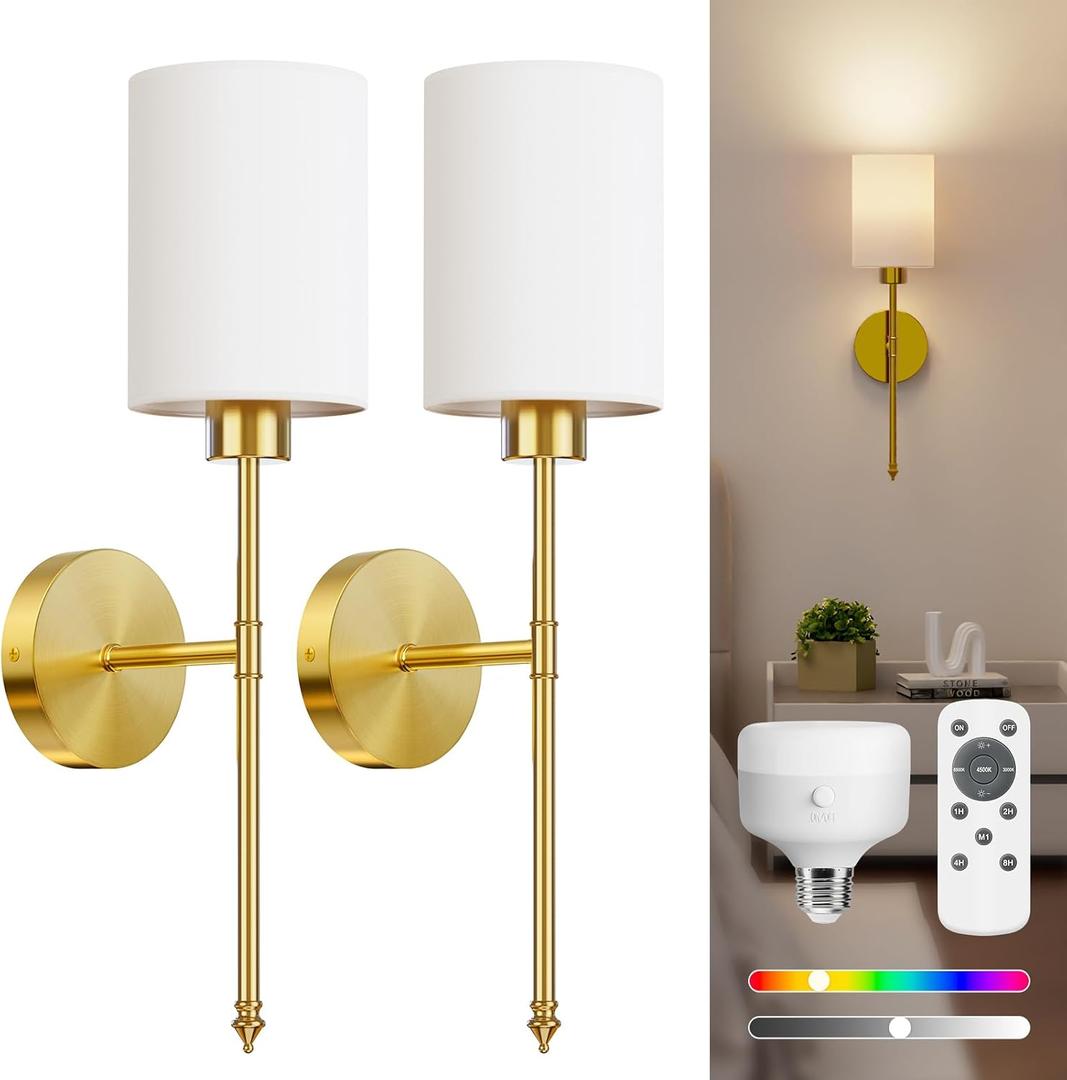 NIORSUN Battery Operated Wall Sconce Set of 2, Gold Wireless Rechargeable Wall Lights with 5200mAh Dimmable Detachable Bulbs and Remote, 9 Colors Sconces Wall Decor for Bedroom Living Room Hallway (20.67 inch)