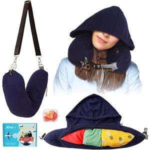 Stuffable Neck Pillow for Travel with Hood, Hoodie Travel Pillow Stuffable with Clothes, Fillable Travel Pillow Storage Bag, Soft Empty Neck Pillow Case, Packable for Airplane Travel Essentials (Blue)