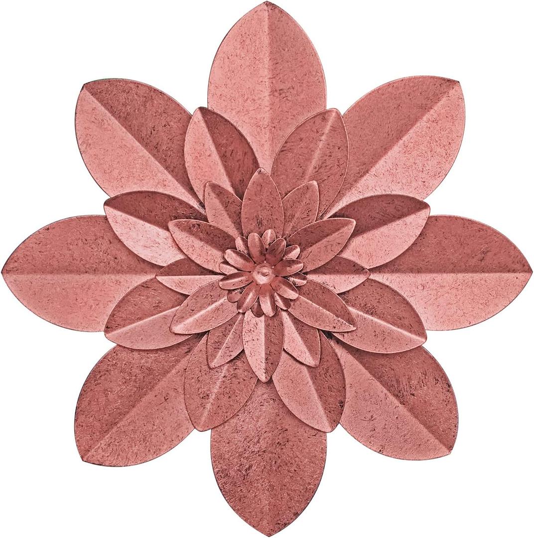 Rose Gold Metal Flower Wall Art Decor, 9.5 Rustic Modern Floral Sculpture, Distressed Iron Wall Hanging Home Decoration Accent Artworks for Indoor Kitchen Bedroom Living Room Office Outdoor Garden