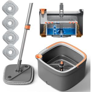 KZKR Spin Mop and Bucket Set with 4 Replaceable Microfiber Mop Pads with Self Separation Dirty and Clean Water System, Self Wringing 360 Rotating Square Mop Head for Hardwood Tile Marble Floors