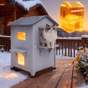 Weatherproof Outdoor Cat House with Insulated Liner for Feral Multi Cats, 2 Storey Insulated Elevated Cat Shelter with Escape Door, Easy Assemble, Expansive Interior, Grey 34" D x 21" W x 21.5" H