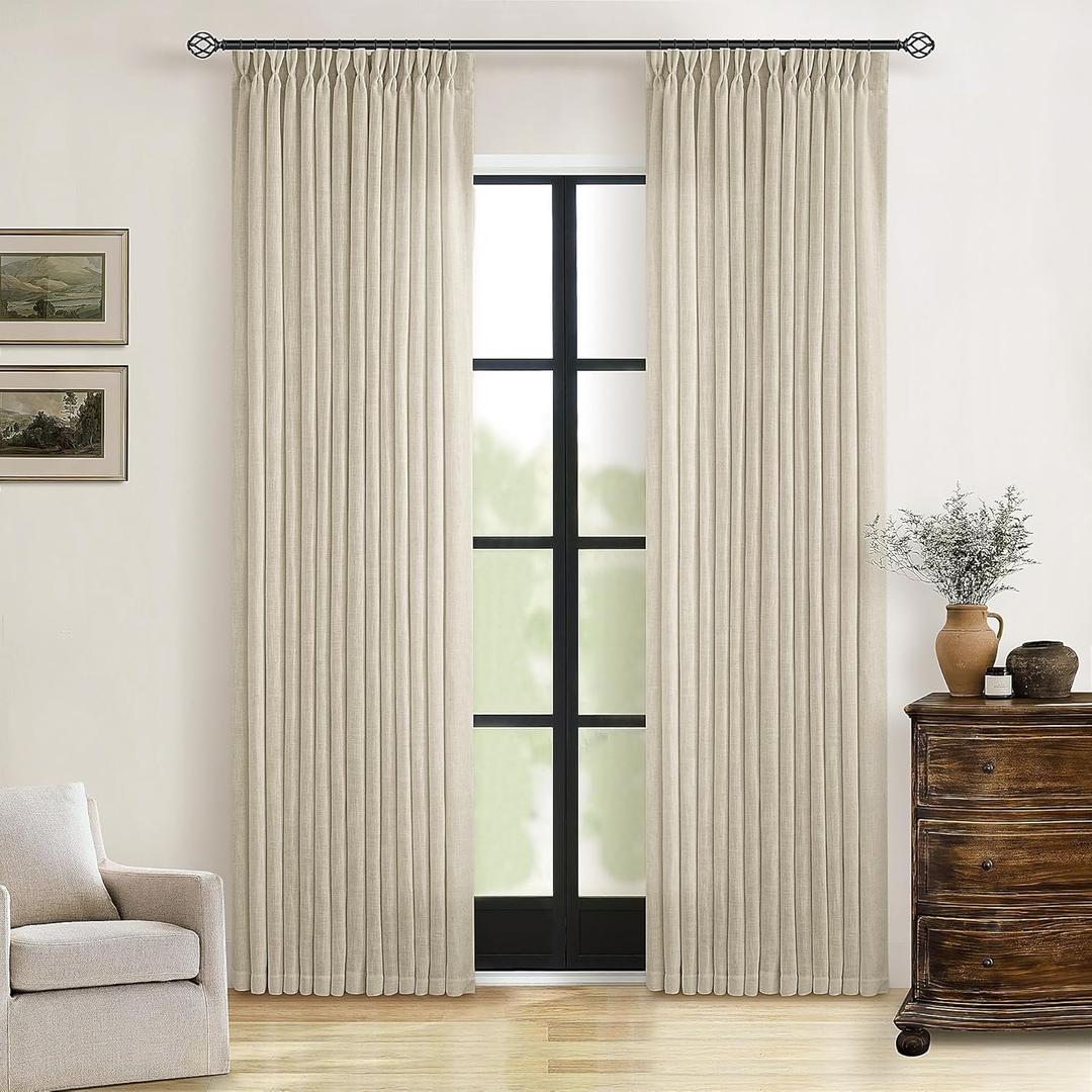 TWODRAPES 108 Inch Linen Curtains 2 Panels Set Pinch Pleated Living Room Bedroom Memory Training Shaped Semi Sheer Neutral Beige Tan Flax Burlap Pleat Drapes Hooks Rings Light Filtering Window Curtain