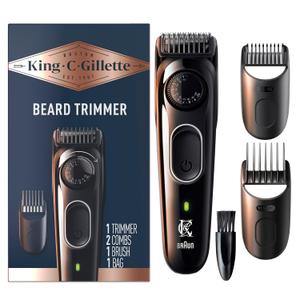 King C. Gillette Cordless Beard Trimmer for Men, Kit includes 1 Trimmer, 3 Interchangeable Combs, 1 Cleaning Brush, 1 Charger, 1 Travel Bag, BLUE (6 Piece Set)